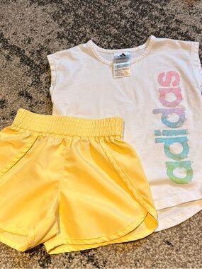 Toddler Girl Athletic Outfit. Adidas top & the yellow shorts are B8